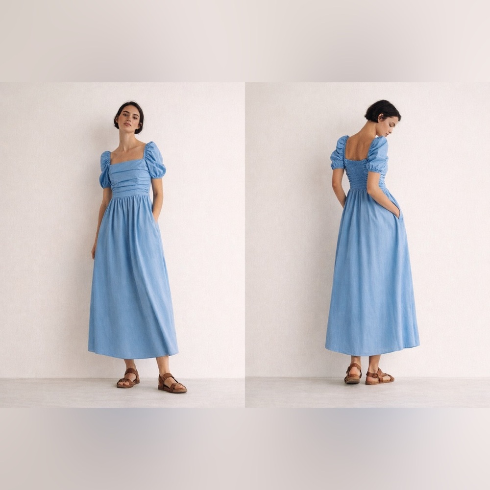 Boden Ruched Bodice Midi Dress Blue Sundress D0298 Size 14‎ R Pockets